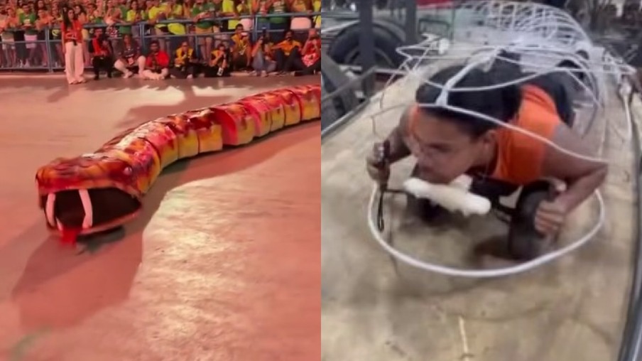 Wesley Torquato mostrou o bastidor da serpente que se arrastava pelo desfile da Unidos do Viradouro | Vídeos abaixo