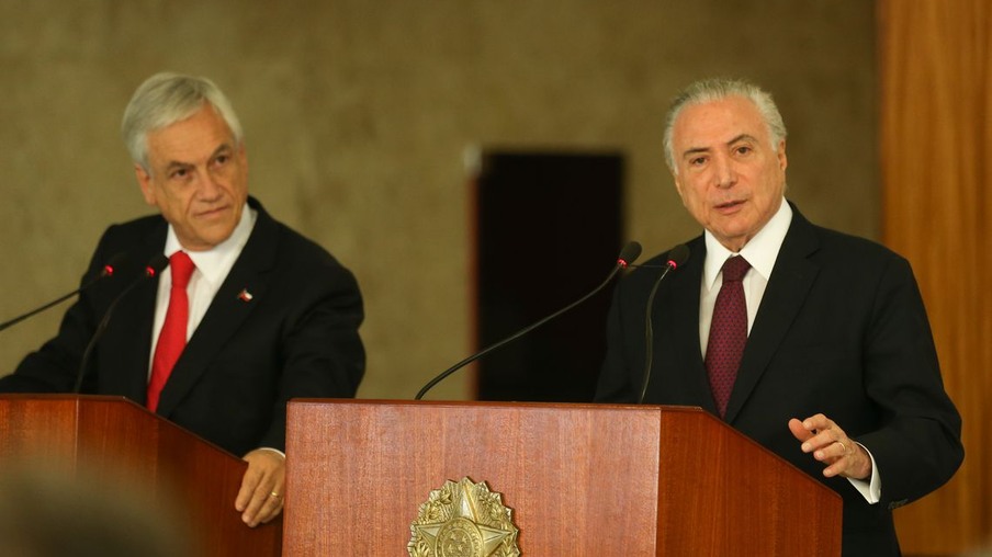 O presidente do Chile, Sebastián Piñera, e o presidente Michel Temer durante declaração à imprensa, no Palácio do Planalto.